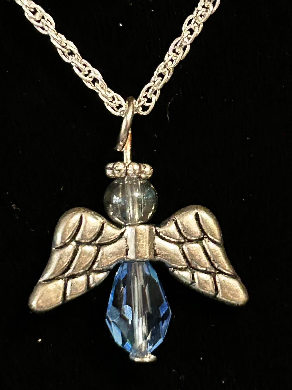 Silver Tone Beaded Angel Pendant Necklace 18" Chain
